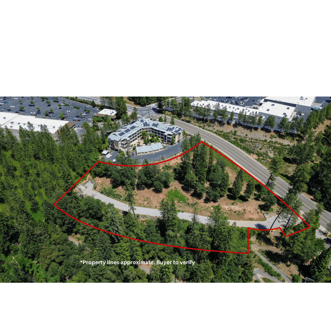 Aerial view of 295 River Otter Way outlined in red, located near Grass Valley shopping district