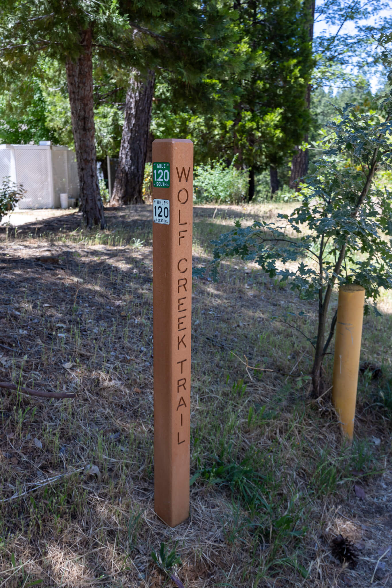 Wolf Creek Trail sign surrounded by pine trees and grass