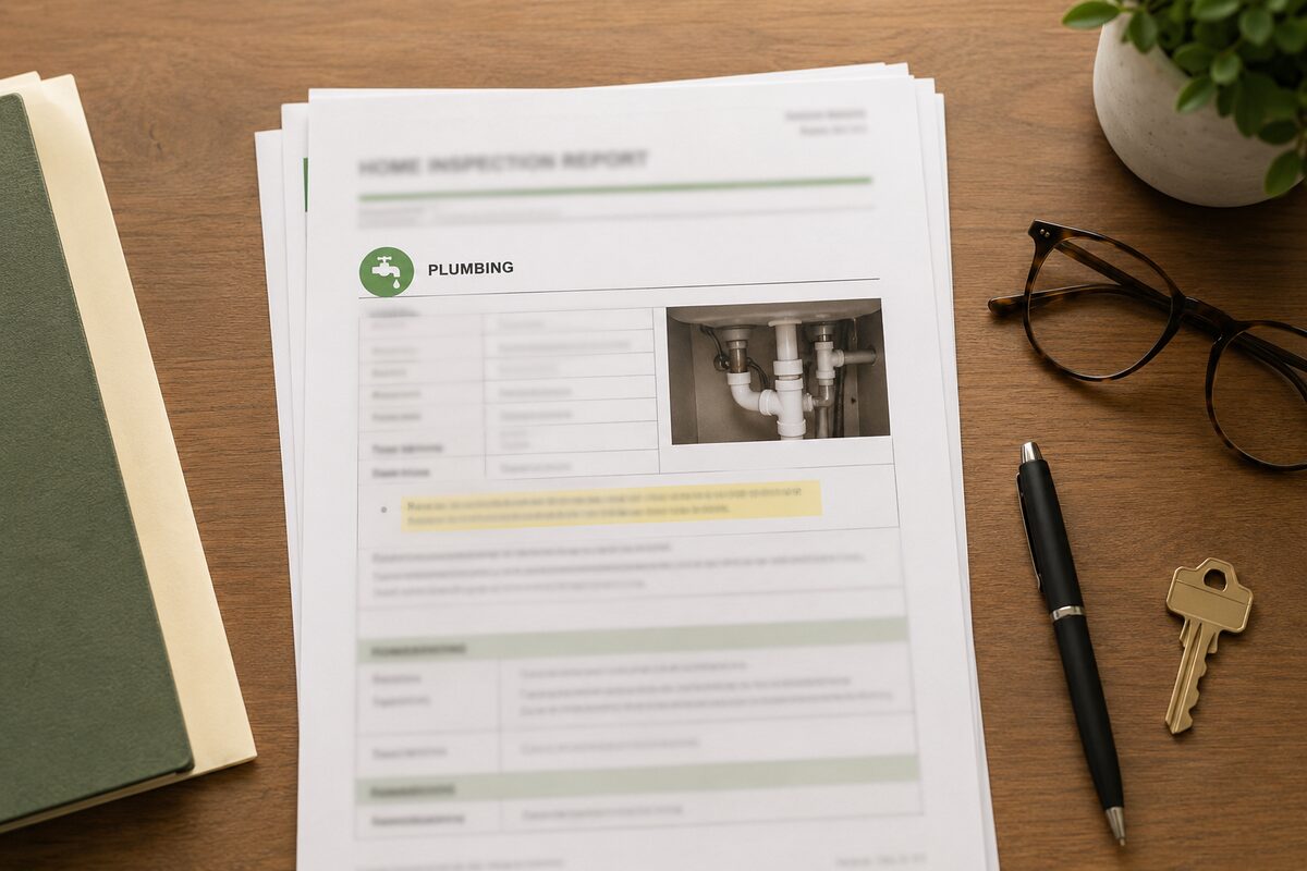 Home inspection report recommending evaluation by a licensed plumber