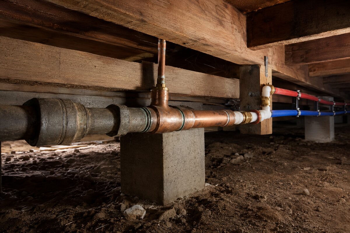 Mixed galvanized and copper pipes in a Nevada County crawlspace